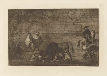 Les chiens laches sur le taureau (Die Hunde auf den Stier losgelassen), Platte C aus La tauromaquia (dritte Ausgabe)