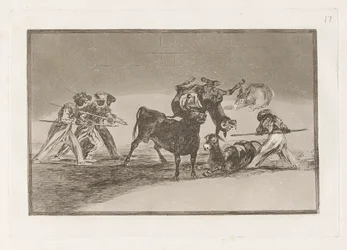 Absperrung der Mohren mit Eseln, um sich gegen den Stier mit kugelbesetzten Hörnern zu verteidigen, Tafel 17 aus Die Kunst des Stierkampfs
