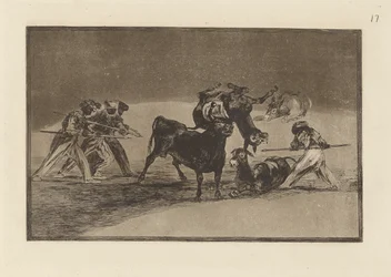 Die Mohren benutzen Esel als Barriere, um sich gegen den Stier zu verteidigen, dessen Hörner mit Kugeln versehen sind, Tafel 17 aus Die Kunst des Stierkampfs