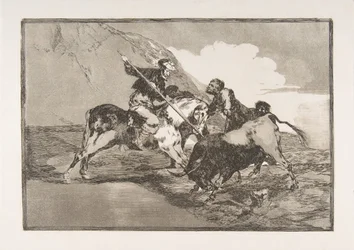 Tafel 1 aus der Tauromaquia: Die Art und Weise, wie die alten Spanier Stiere zu Pferd jagten, 1816