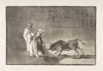 Tafel 6 aus „Tauromaquia“: Die Mauren führen in der Arena ein anderes Spiel aus und rufen den Stier mit ihrem Burnus, 1816.