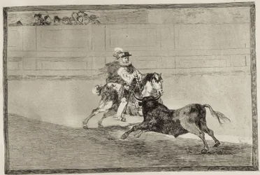 Ein berittener spanischer Ritter zerbricht in der Arena ohne Hilfe von Assistenten kurze Lanzen. 1816. Spanien. Madrid (Autonome Gemeinschaft). Madrid. Nationalbibliothek