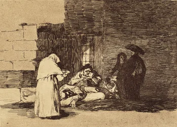 Die Wohltätigkeit einer Frau. 1810-1820. (15,5 x 20,6 cm). Tafel 49 aus „Die Schrecken des Krieges“. Spanien. Madrid (Autonome Gemeinschaft). Madrid. Nationalbibliothek