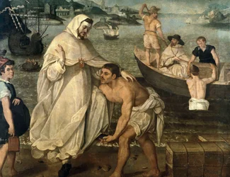 Der heilige Petrus Nolascus (1189-1256) schifft sich ein, um christliche Gefangene zu befreien, die von maurischen Piraten als Geiseln festgehalten werden und in Afrika als Sklaven verkauft werden sollen