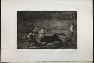 Stierkämpfe: Ein spanischer Ritter bricht kurze Speere mit Hilfe von Assistenten, 1876
