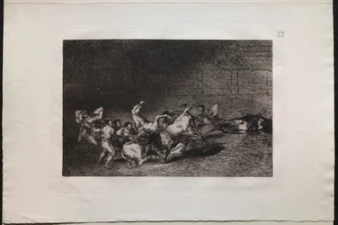 Stierkämpfe: Zwei Teams von Picadors nacheinander von einem einzigen Stier geworfen, 1876