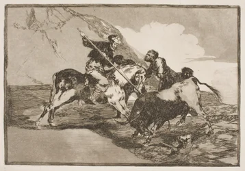 Die Art und Weise, wie die alten Spanier zu Pferd Stiere auf der Ebene jagten