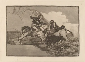 Die Art und Weise, wie die alten Spanier Stiere zu Pferd auf dem offenen Feld jagten