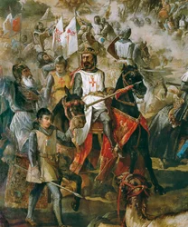 Rückeroberung Spaniens: Schlacht bei Las Navas de Tolosa am 16/07/1212 zwischen dem christlichen Heer und dem Heer der Mauren. Detail mit König Alfons VIII. Gemälde von Francisco de Paula Van Halen (1810-1887). 1864. Madrid. Senatspalast.