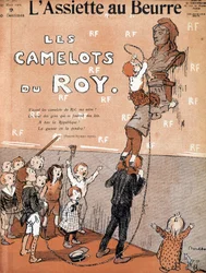 Kinder stürzen eine Büste von Marianne, indem sie ein ironisches Lied zugunsten der royalistischen Kampfgruppe singen. Illustration von Francisque Poulbot, 1909