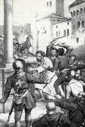 Buße Raimunds VI., Grafen von Toulouse - Am 22/06/1209 leistete Raimund VI., Graf von Toulouse, der von Papst Innozenz III. (Milon, Legat des Papstes) exkommuniziert worden war, weil er die Katharer nicht verfolgte, und beschuldigt wurde, der Anstifter