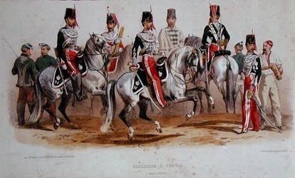 Französische Kavalleristen zur Zeit des Zweiten Kaiserreichs (Farblithografie)
