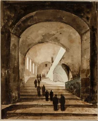 Mönche auf der Treppe der Villa des Maecenas in Tivoli