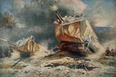 Französischer Panzer des Typs St Chamond im Ersten Weltkrieg, der auf deutsche Stellungen vorrückt