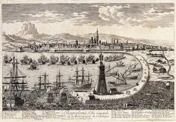 Ansicht der Stadt und des Hafens von Barcelona im 18. Jahrhundert. Gravur von Francois Antoine Aveline. Barcelona, Museu d