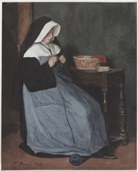 Eine Nonne, die an einem Tisch sitzt und strickt