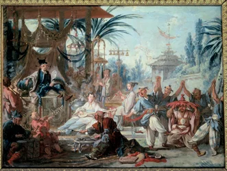 Chinoiserie: Chinesischer Tanz. Unterhaltungsszene am kaiserlichen Hof mit Musikern und Tänzern