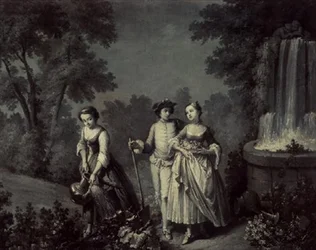 Zwei Mädchen und ein Jugendlicher gärtnern in der Nähe eines Brunnens (Schwarz-Weiß-Feder und Waschung)