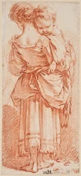 Junge Frau mit Kind auf dem Arm, von hinten gesehen