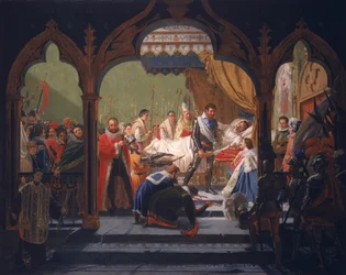 Henri IV (1553-1610) erhält die Attribute der Monarchie vom sterbenden Henri III (1551-1589) 1814