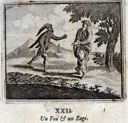Ein Verrückter und ein Weiser. Fabeln von Jean de La Fontaine (1621-95). Illustration von François Chauveau (1613-1676). Ausgabe von 1728