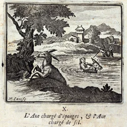 Der Esel beladen mit Schwämmen und der Esel beladen mit Salz. Fabeln von Jean de La Fontaine. Illustration von François Chauveau. Ausgabe von 1728.