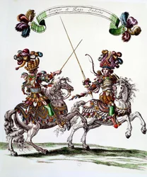 Indischer Reiter und Page während des Karussells von König Ludwig XIV. (1662) in den Tuilerien zur Feier der Geburt des Dauphins. Gravur von François Chauveau (17. Jahrhundert)