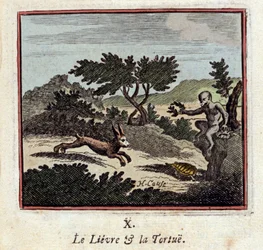 Der Hase und die Schildkröte - Fabeln von Jean de La Fontaine (1621-1695) - Illustration von François Chauveau (1613-1676) - Ausgabe von 1728