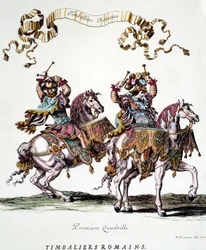 Römische Trommler während des Karussells von König Ludwig XIV, 1662. Gravur von Francois Chauveau