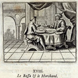 Der Bassa und der Kaufmann. Fabeln von Jean de La Fontaine (1621-95). Illustration von François Chauveau (1613-1676). Ausgabe von 1728