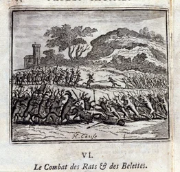 Die Schlacht der Ratten und Wiesel. Fabeln von Jean de La Fontaine. Illustration von François Chauveau. Ausgabe von 1728.