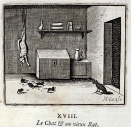 Die Katze und eine alte Ratte. Fabeln von Jean de La Fontaine. Illustration von François Chauveau. Ausgabe von 1728.