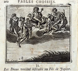Die Götter wollen einen Sohn des Jupiter lehren. Fabeln von Jean de La Fontaine. Illustration von François Chauveau. Ausgabe von 1728.