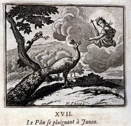 Der Pfau beschwert sich bei Juno. Fabeln von Jean de La Fontaine (1621-95). Illustration von François Chauveau (1613-1676). Ausgabe von 1728.
