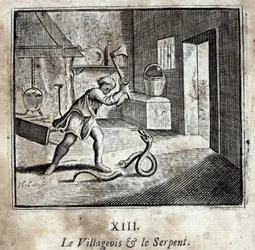 Der Dorfbewohner und die Schlange. Fabeln von Jean de La Fontaine (1621-95). Illustration von François Chauveau (1613-1676). Ausgabe von 1728.