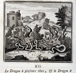 Der Drache hat mehrere Köpfe und der Drache hat mehrere Schwänze. Fabeln von Jean de La Fontaine (1621-95). Illustration von François Chauveau (1613-1676). Ausgabe von 1728.