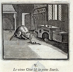 Die alte Katze und die junge Maus. Fabeln von Jean de La Fontaine. Illustration von François Chauveau. Ausgabe von 1728.