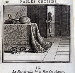 Die Stadtmaus und die Feldmaus. Fabeln von Jean de La Fontaine. Illustration von François Chauveau. Ausgabe von 1728