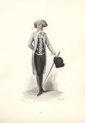 Eleganter Mann im gestreiften Mantel, Ära von Marie Antoinette.