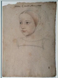 Porträt von Marguerite de France (1523-1574) als Kind, Tochter von François I., Herzogin von Savoyen. Zeichnung mit schwarzem Stein, Blut verstärkt mit Aquarell von François Clouet (1515-1572) 16. Jahrhundert. Chantilly, Musée Condé