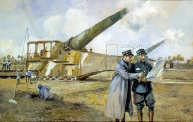 Erster Weltkrieg: 400 Batterie im Oktober 1916 (ALVF oder ALGP (Schwere Artillerie mit großer Reichweite) des Großen Krieges. Kommandanten beobachten einen Schlachtplan. Gemälde von Francois Flameng (1856-1923)