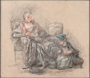 Frau liest und ein Mädchen spielt (vermutlich die Marquise de Pompadour mit ihrer Tochter Alexandrine), 1748