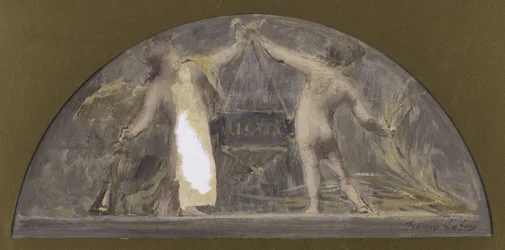 Skizze für den Speisesaal des Hôtel de Ville de Paris, ein Kind hält eine Trompete und das andere ein Bündel und hebt eine große Kiste