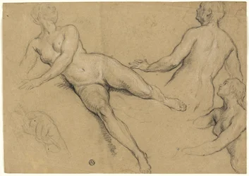 Blatt mit Studien: Drei Frauen und eine Hand (recto); Skizzen von männlichen Akten, Köpfen und Hand (verso)