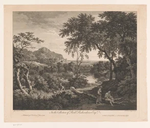 Landschaft mit Schäfer und zwei Figuren an einem Teich