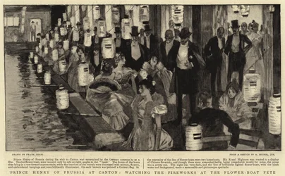 Prinz Heinrich von Preußen in Kanton, beobachtet das Feuerwerk beim Blumenboot-Fest