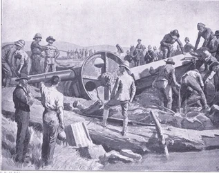 Ein Geschütz über eine schwierige Stelle bringen, Illustration aus After Pretoria: The Guerilla War, 1902