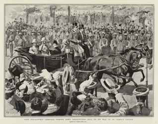 Lord Kitcheners Kutsche fährt den Constitution Hill hinunter auf dem Weg zum St. James