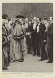 M. Zola in London, der Empfang des Instituts der Journalisten in der Guildhall durch den Lord Mayor, die Ankunft von M. und Madame Zola im Ratssaal