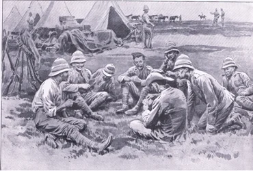 Müde Soldaten genießen eine Pause, aus After Pretoria: Der Guerillakrieg veröffentlicht von Harmsworth Bros Limited, 1901